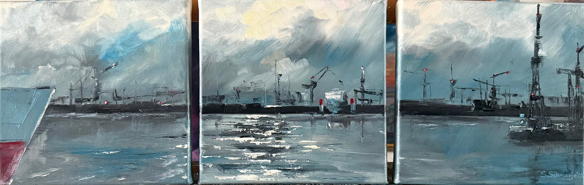 Dreiteiliges Ölgemälde vom Hamburger Hafen, je 20 mal 20 Zentimeter
