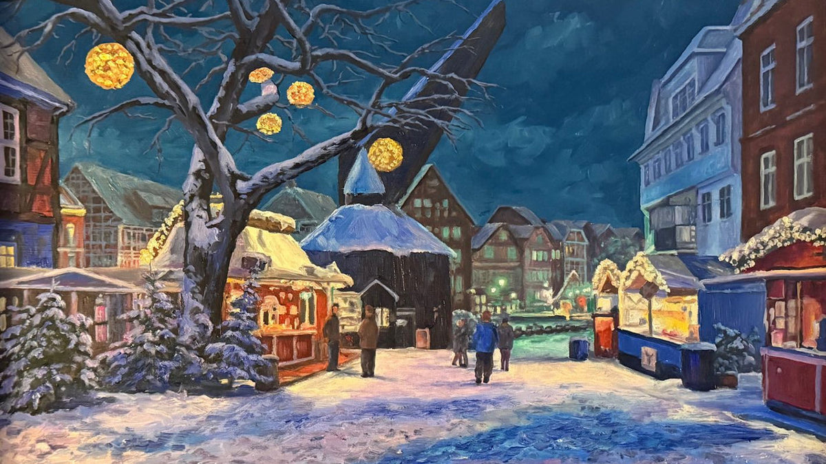 Ölgemälde vom Stader Weihnachtsmarkt am Abend