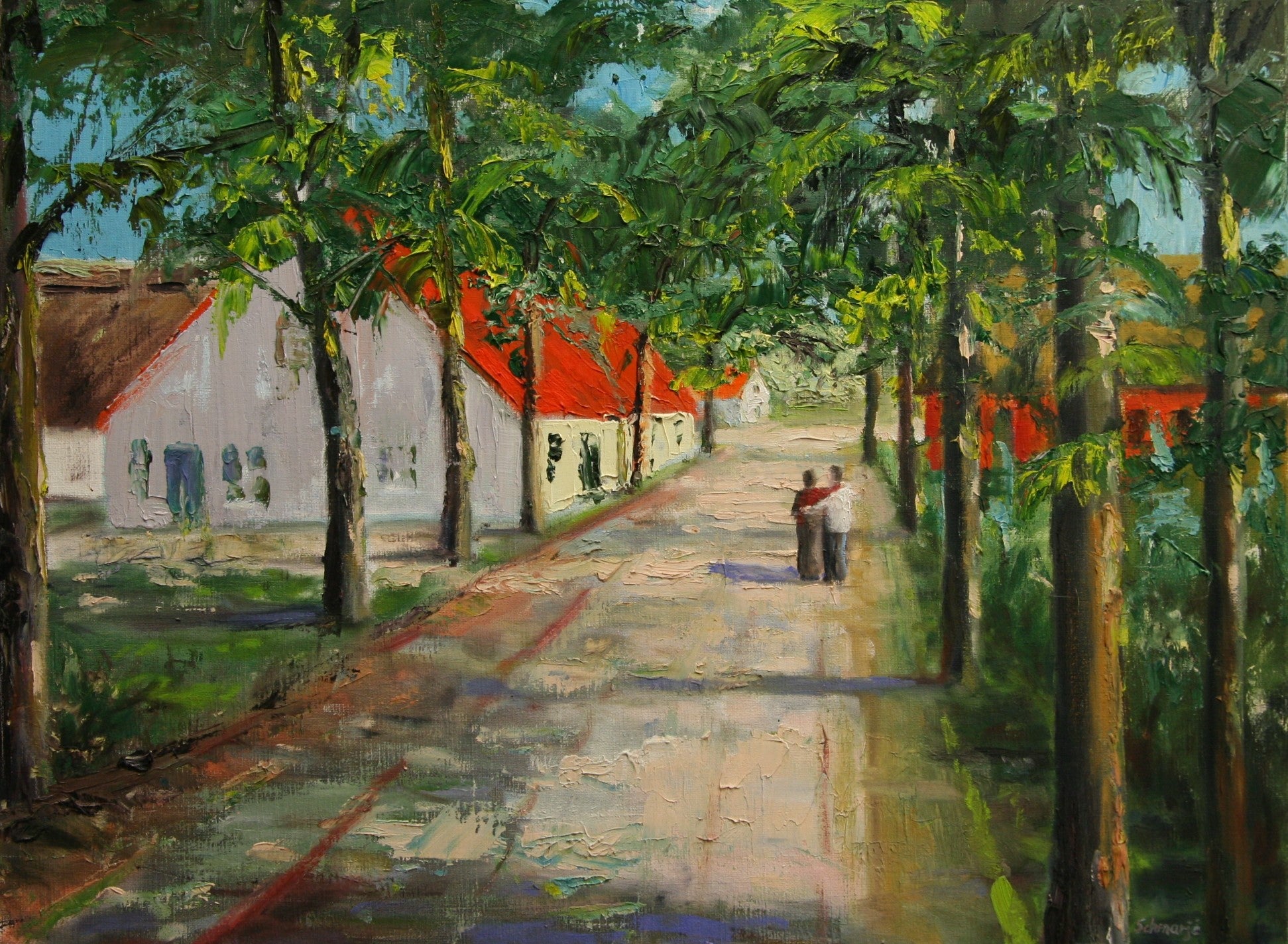 Pärchen auf Dorfstraße, Ölgemälde auf Leinwand, 60x80cm