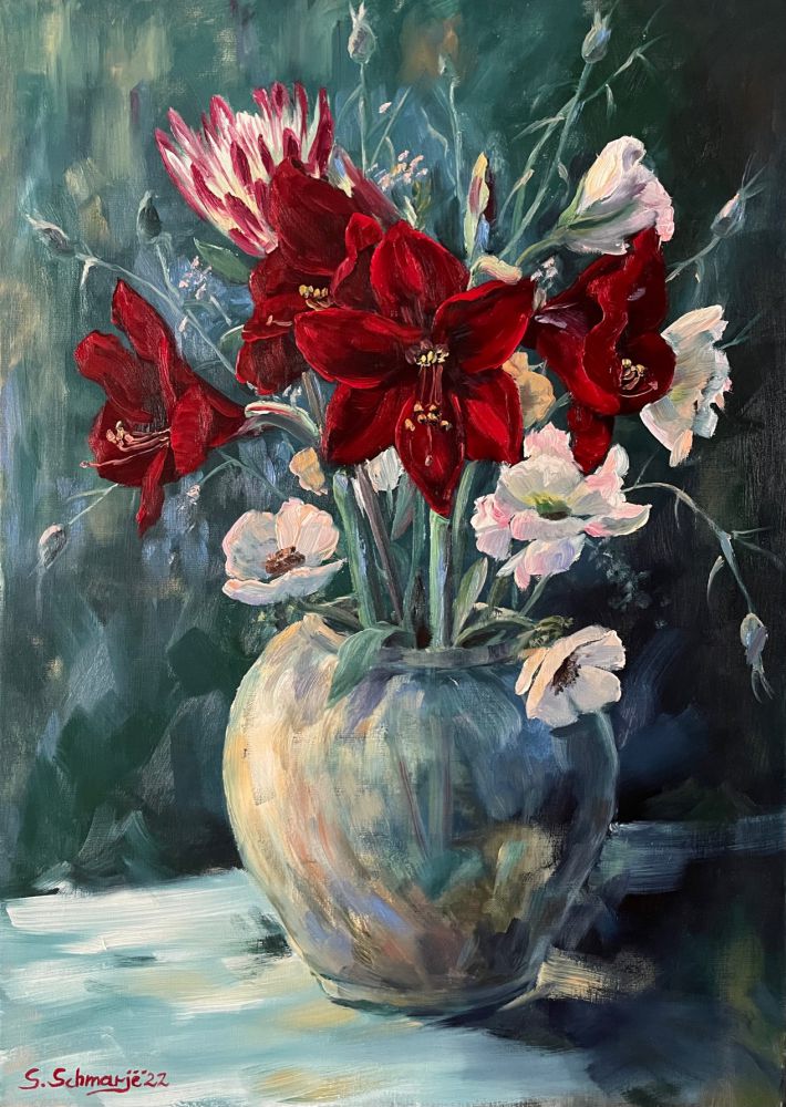 Amaryllis in Vase, Ölgemälde 70 x 50 cm