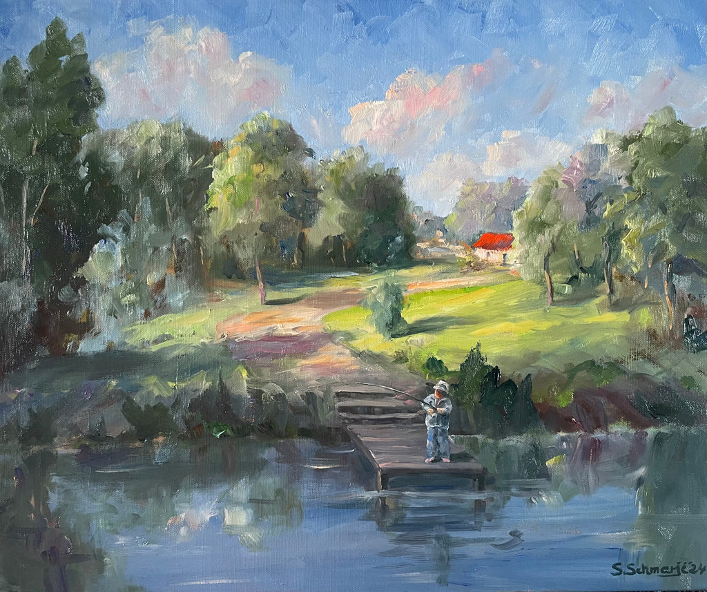 Mann angelt auf Steg, Ölgemälde auf Leinwand, 50x60cm