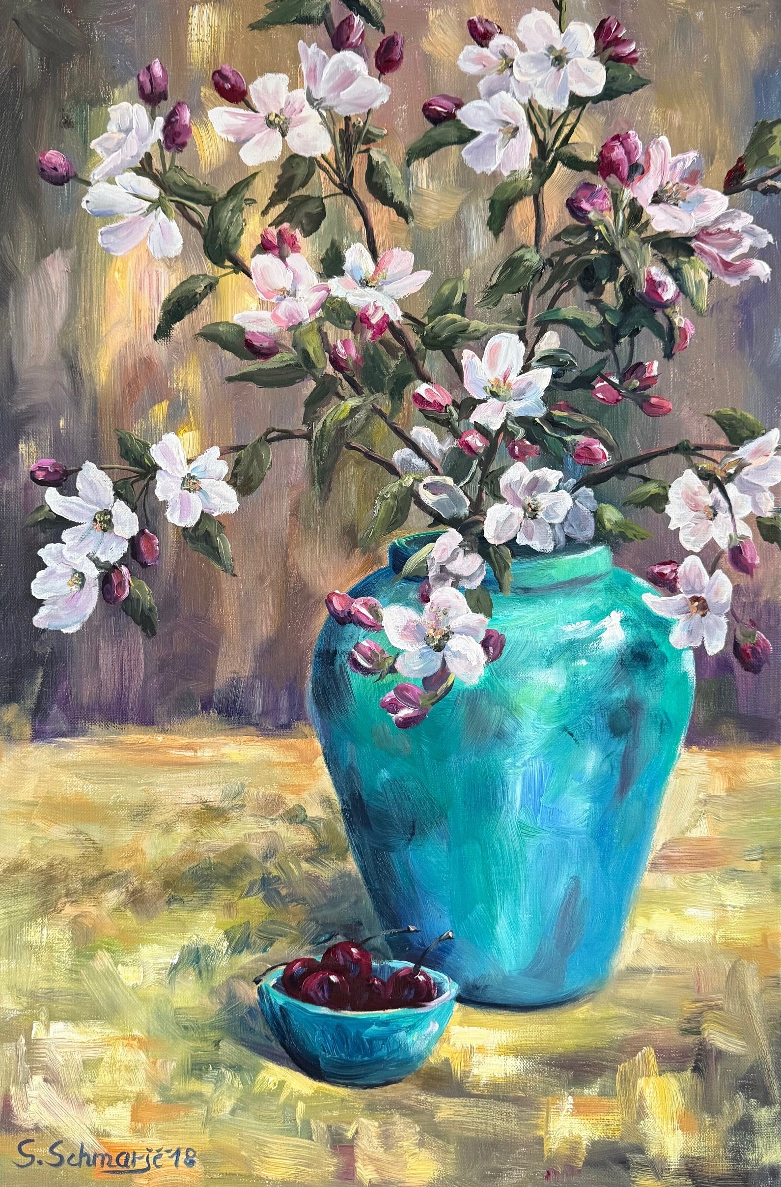 Apfelblüte in Vase, Ölgemälde 60 x 40 cm