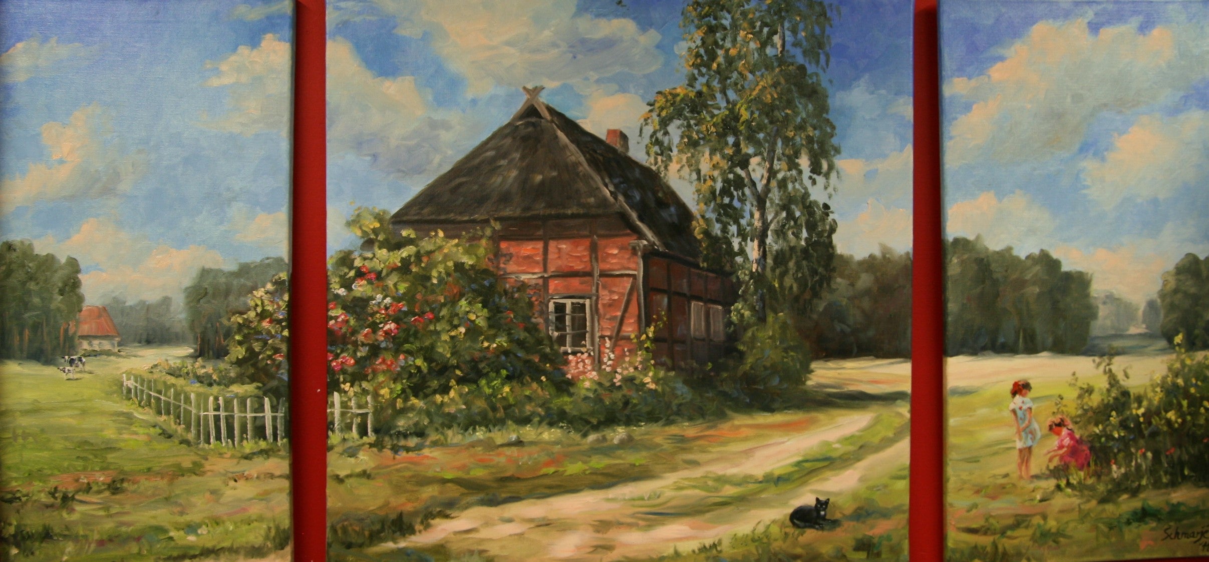 Bauernhaus Trilogie, Öl auf Leinwand, 80x160cm(3-telig)