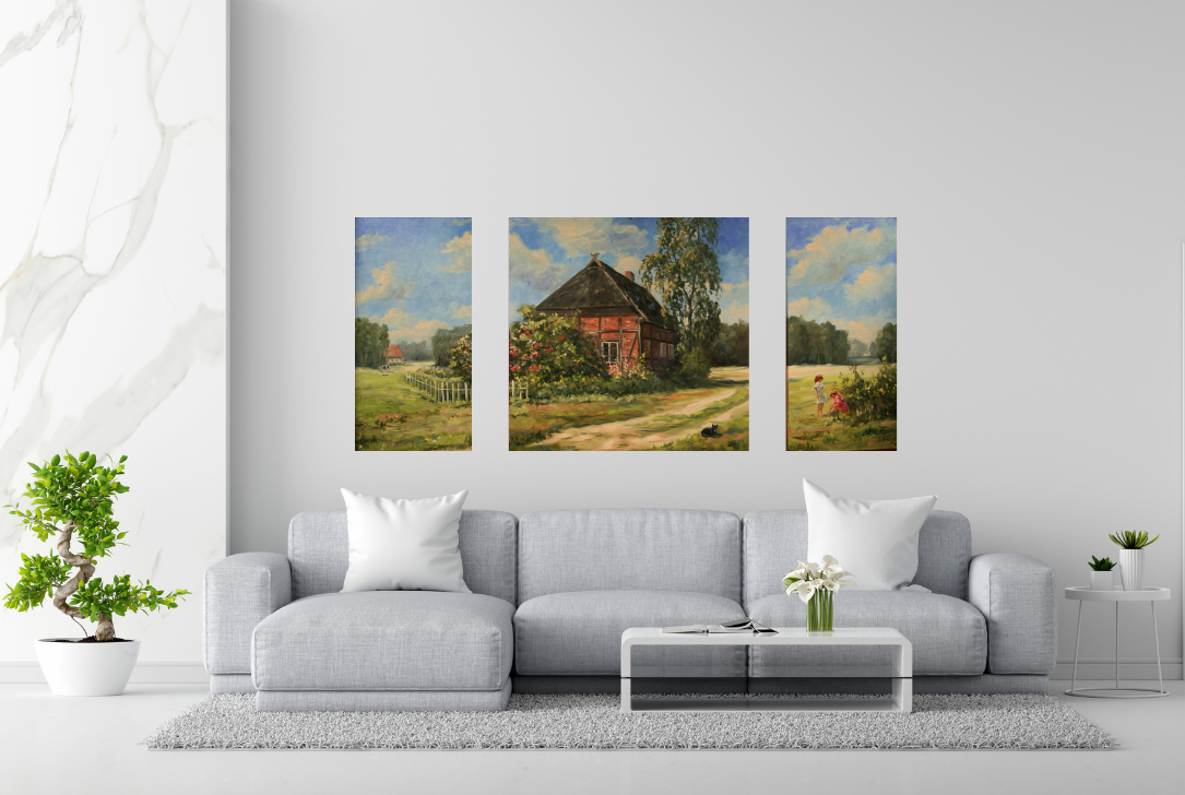 Bauernhaus Trilogie, Öl auf Leinwand, 80x160cm(3-telig)