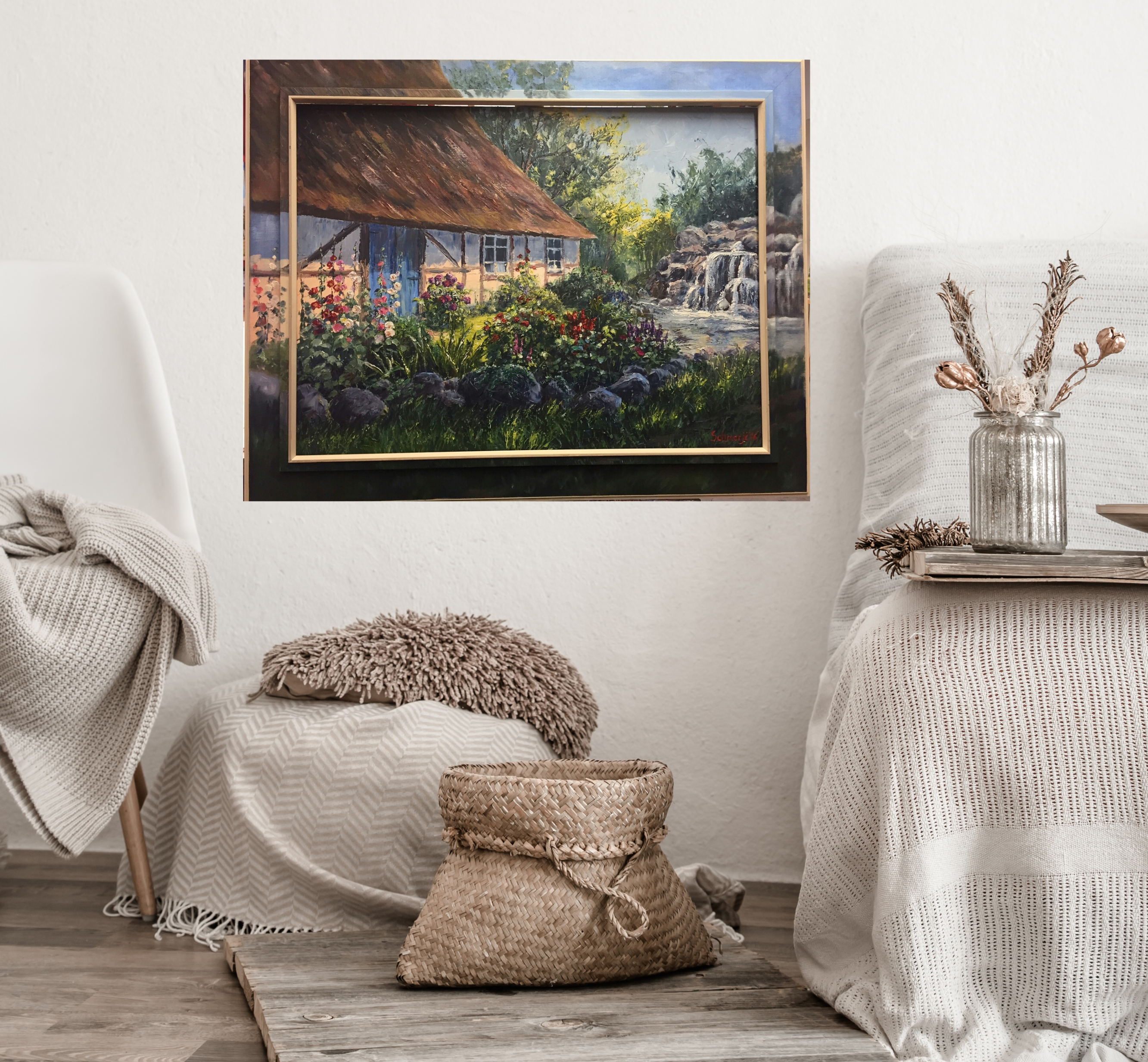 Bauernhaus am Wasserlauf, Ölgemälde auf Leinwand 50x70cm, inkl. bemaltem Rahmen (ca.77x97cm)