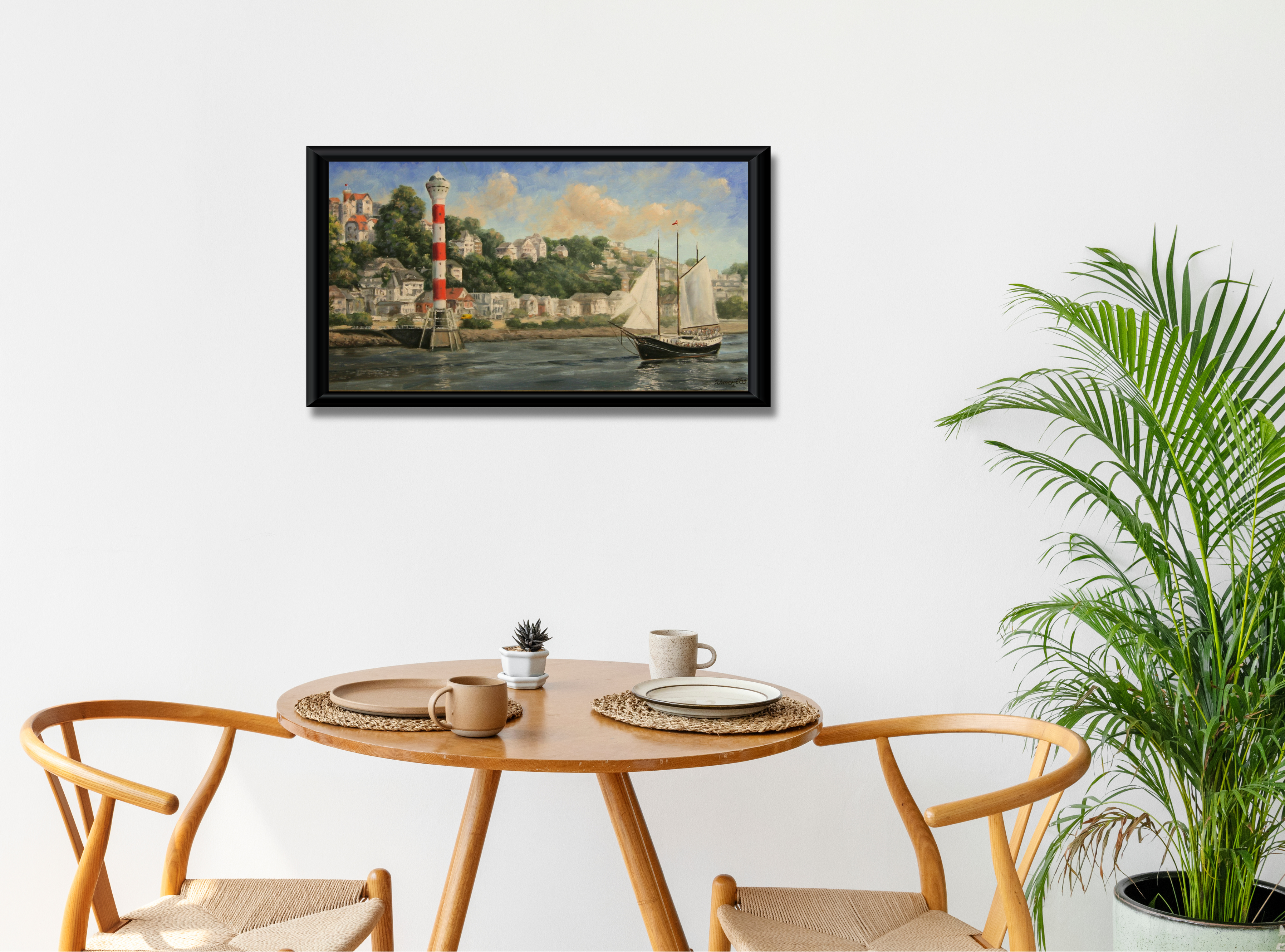 Segelschiff vor Blankenese, Ölgemälde auf Leinwand, 40x80cm