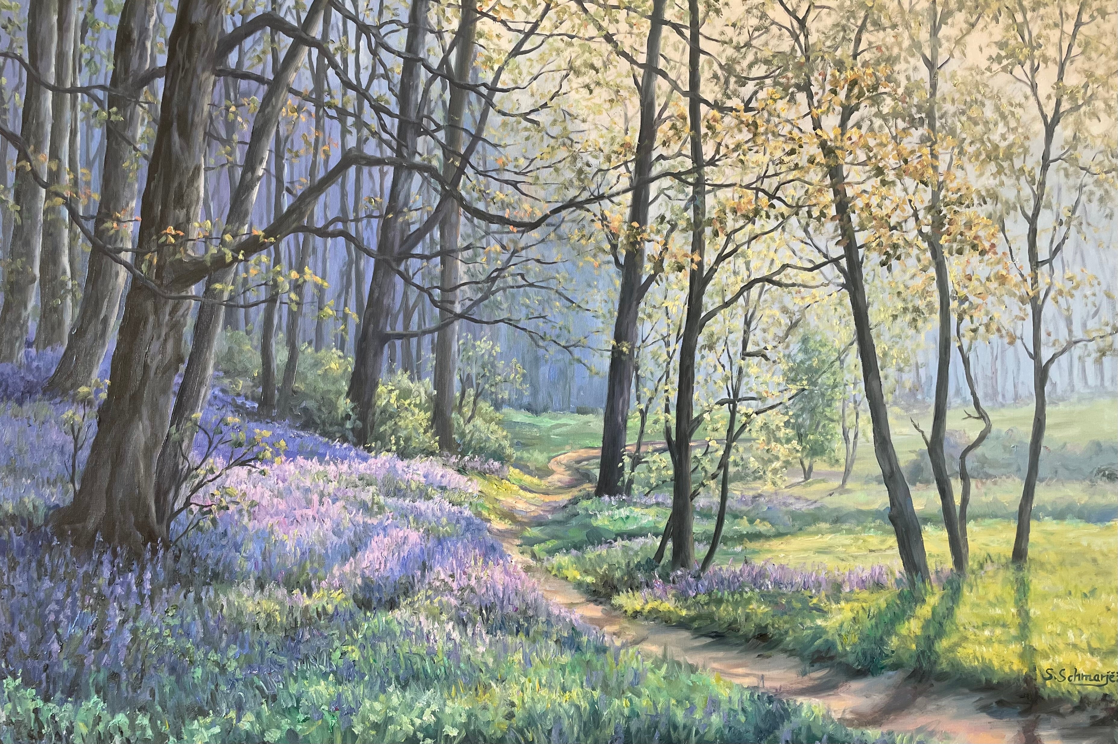 Hasenglöckchen am Waldrand, Öl auf Leinwand 80x120cm