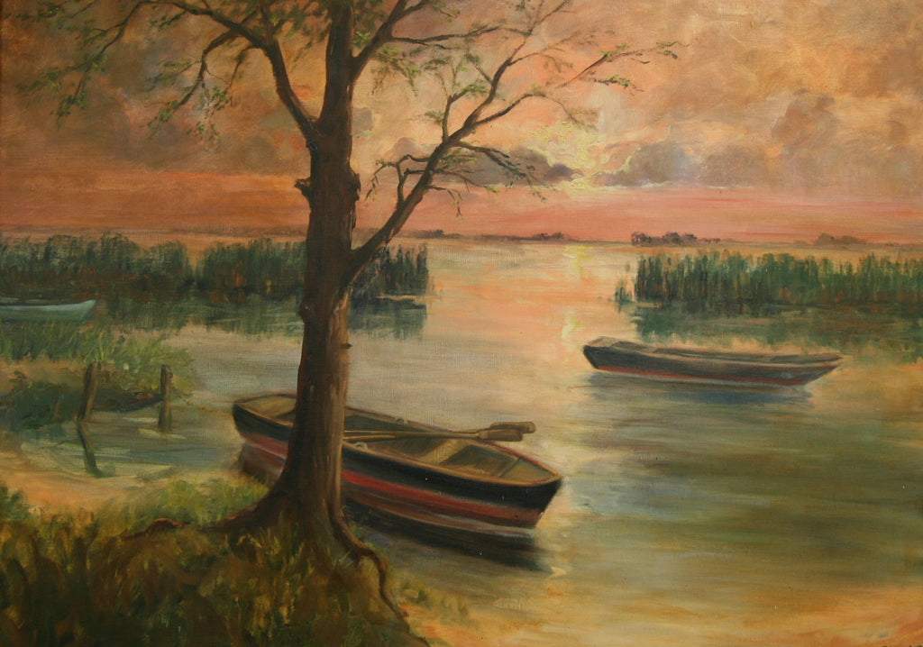 Ruderboote auf Schaalsee, Ölgemälde auf Leinwand 70x100cm