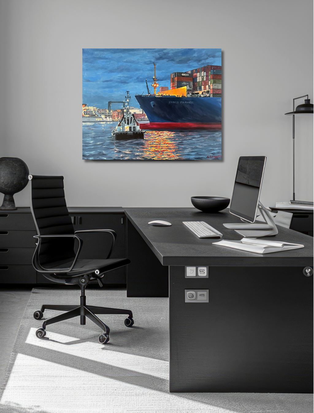 Schlepper vor Containerschiff 2, Ölgemälde auf Leinwand, 80x100cm