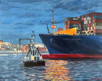 Schlepper vor Containerschiff 2, Ölgemälde auf Leinwand, 80x100cm