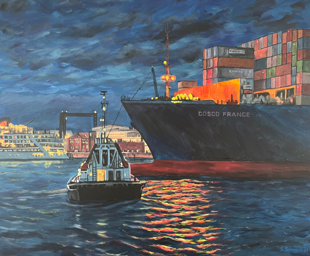 Schlepper und Containerschiff, Gemälde auf Leinwand, 100x120cm