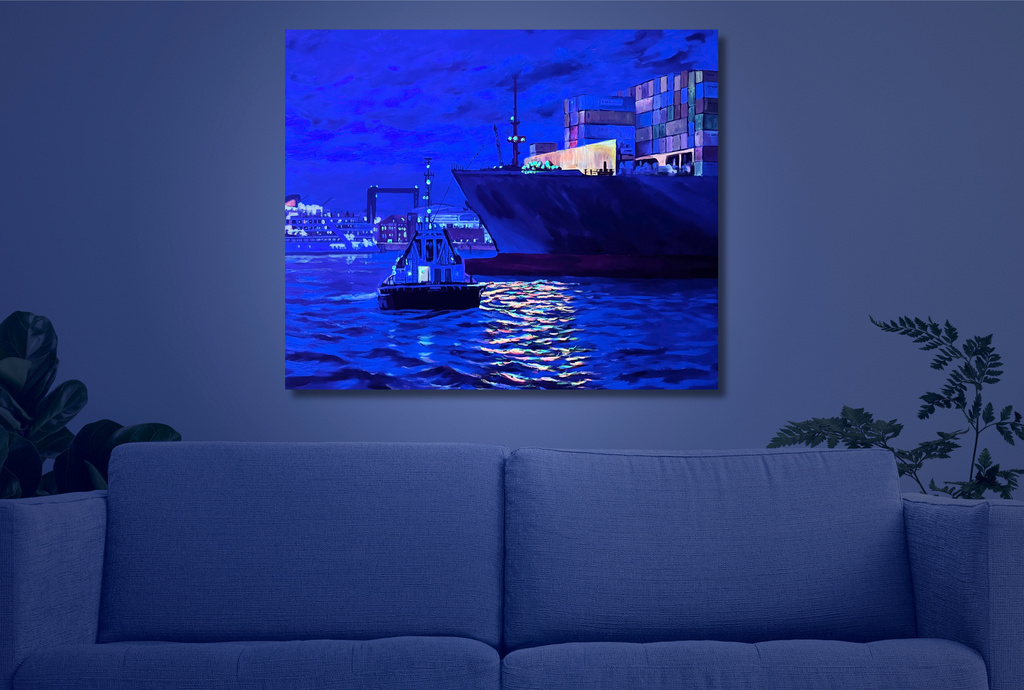 Schlepper und Containerschiff, Gemälde auf Leinwand, 100x120cm