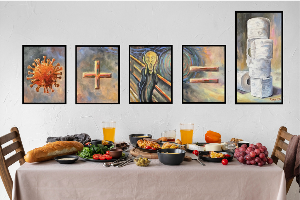 Corona, 5-teiliges Ölgemälde, 4St. je 20 cm x 20 cm und 1St. 40 cm x 20 cm