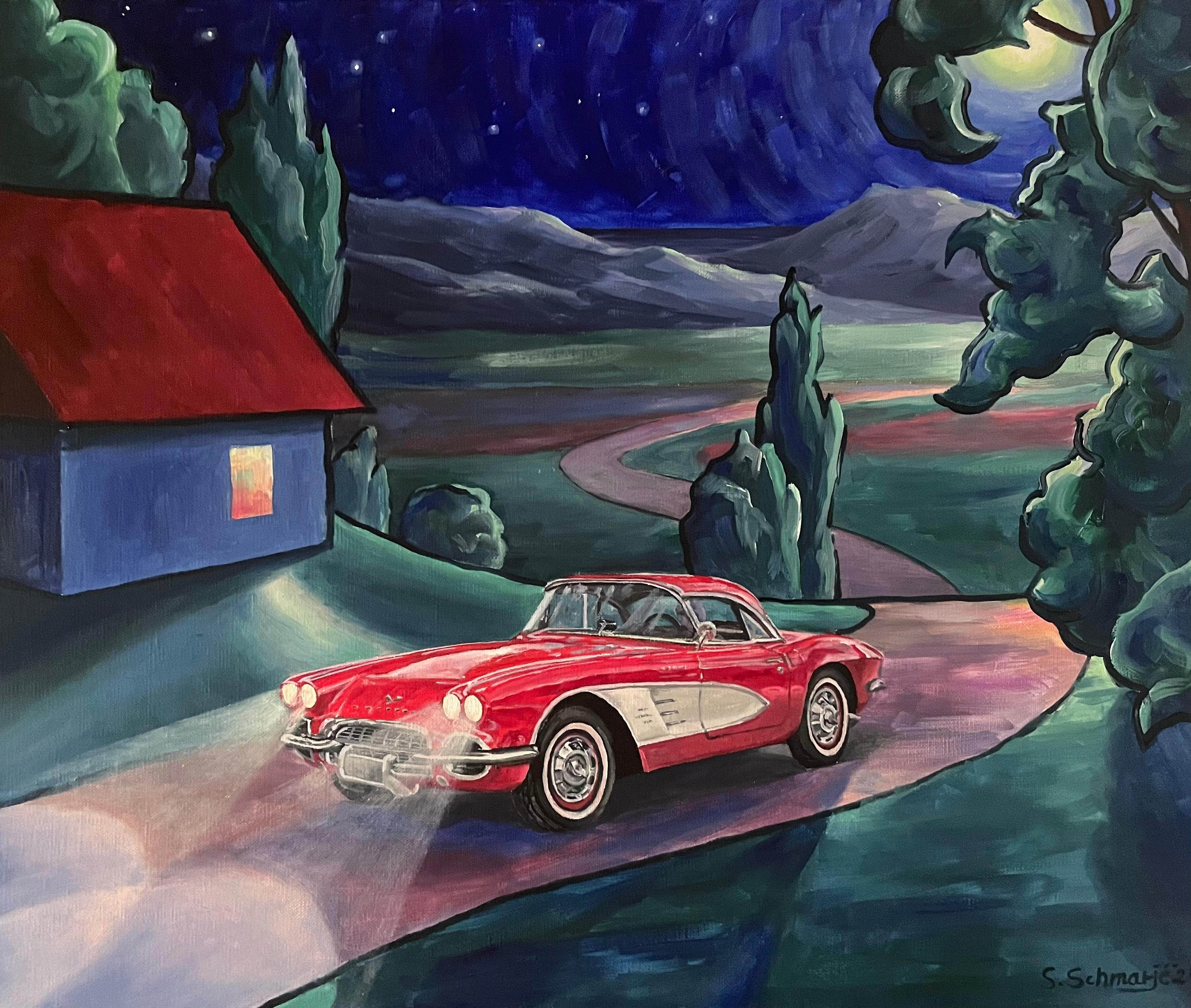 Corvette im toskanischen Mondlicht, Ölgemälde auf Leinwand 50x60 cm