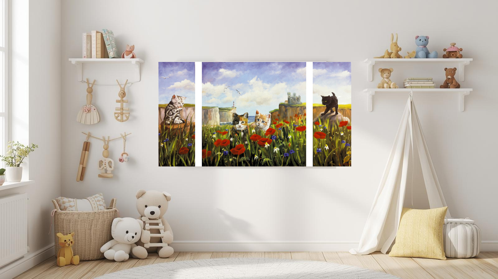 "XKatze" Kätzchen auf Blumenwiese Ölgemälde, 80 cm x 140 cm