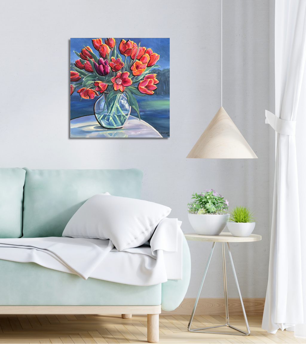 Tulpen in Glasvase, Ölbild auf Leinwand, 50x50cm