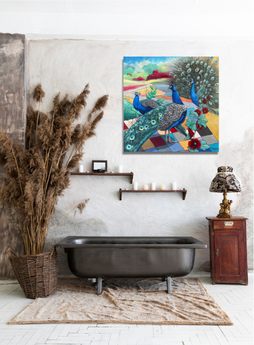 „Pfauen, blau“ – 80 × 80 cm, Öl auf Leinwand