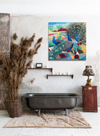 „Pfauen, blau“ – 80 × 80 cm, Öl auf Leinwand