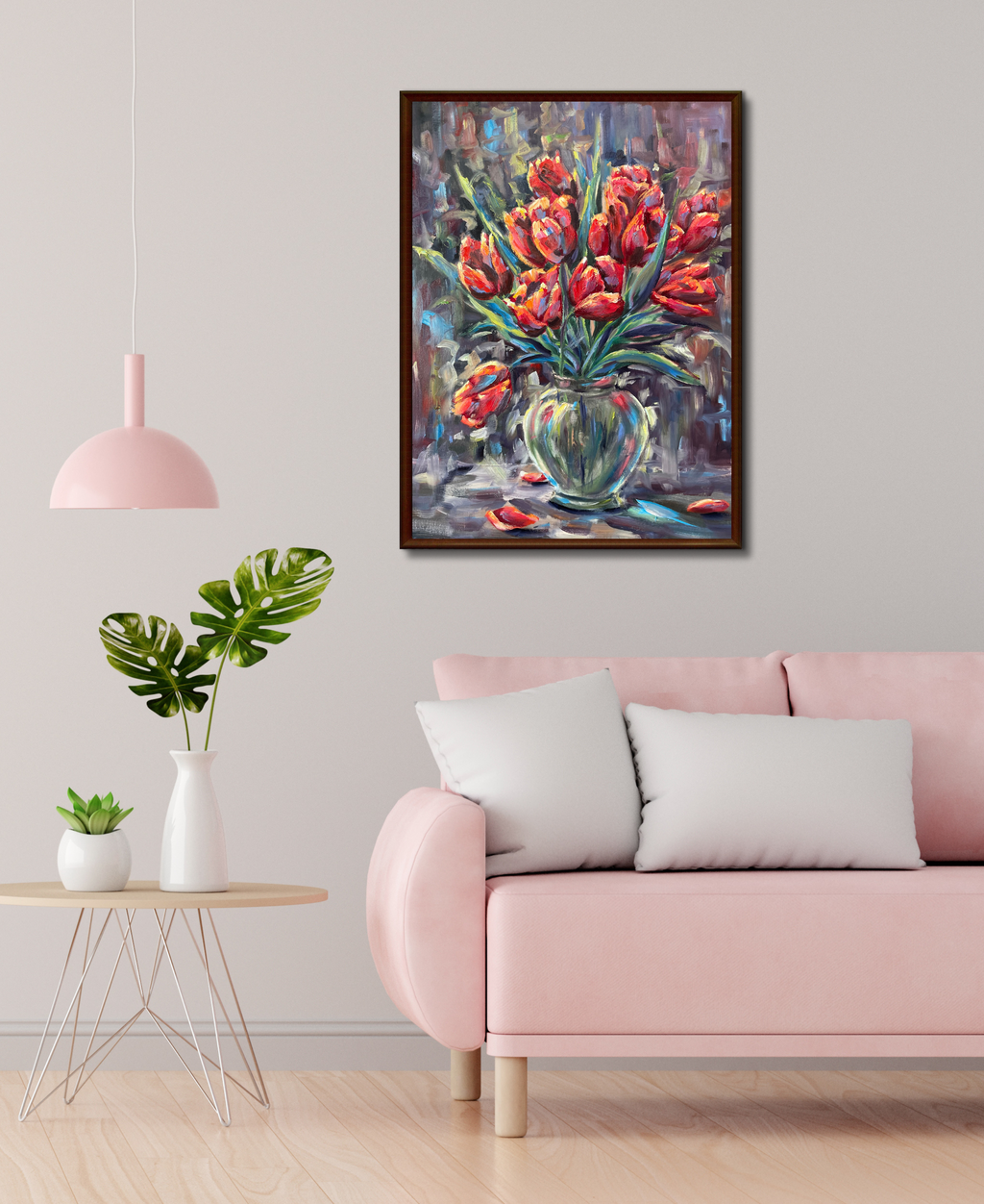 Rote Tulpen in Glasvase, Ölgemälde 80 x 60 cm