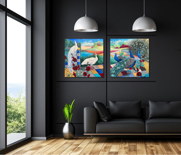 "Pfauen, weiß" - Ölgemälde auf Leinwand, 80 cm x 80 cm