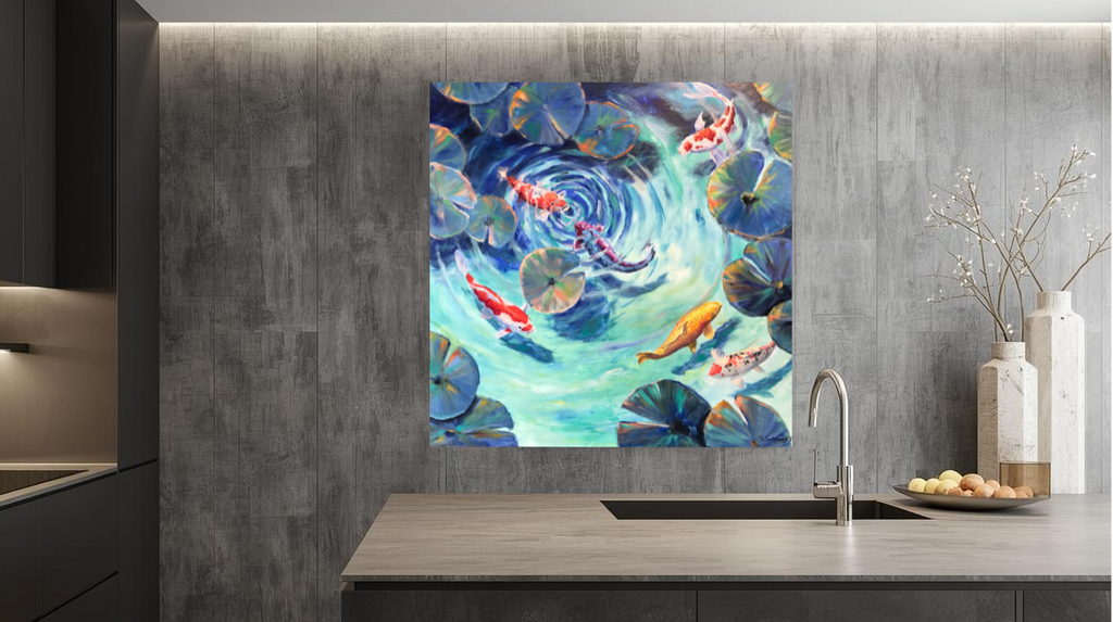 "X3" Kois im Frühling, Ölgemälde 100 cm x 100 cm