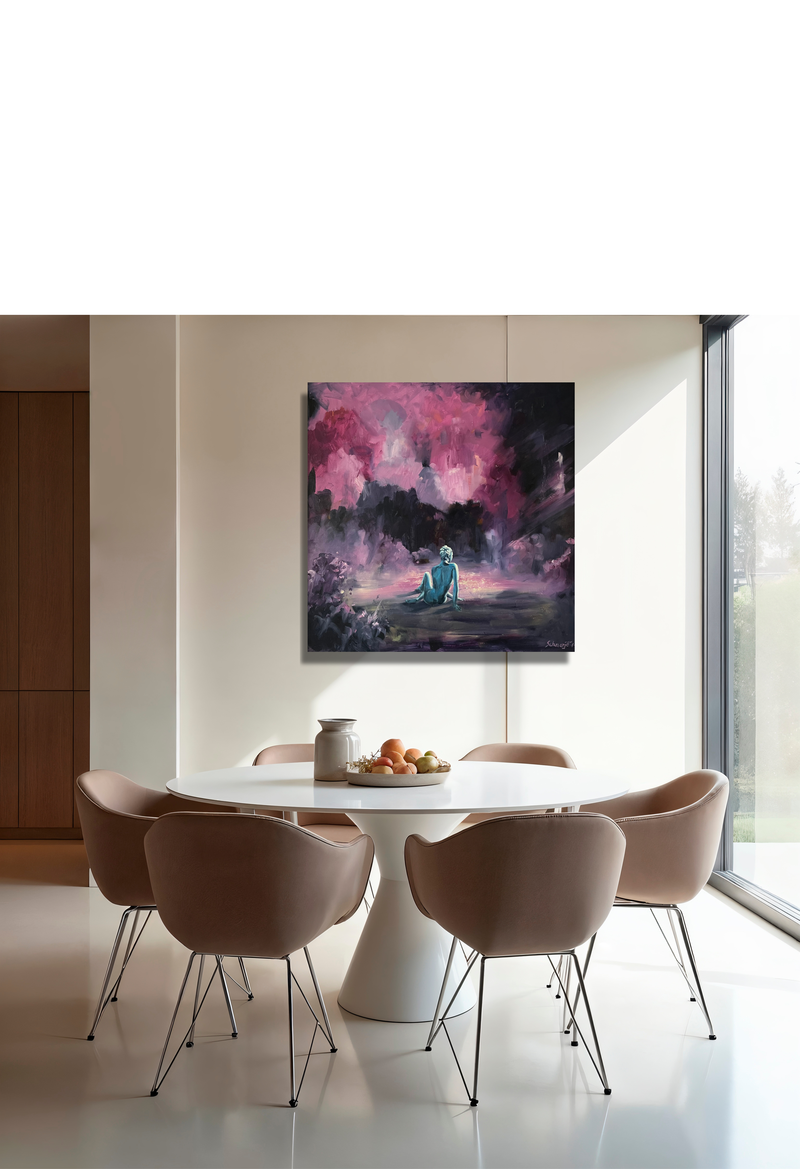 Bronzefigur am Teich, Ölgemälde 80 cm x 80 cm