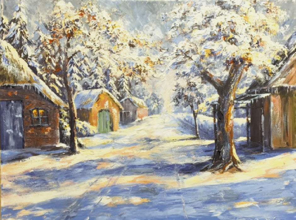 Dorfstraße im Im Winter, Ölgemälde 60x 80 cm