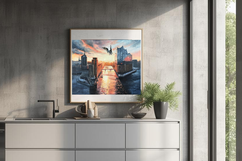 Elbphilharmonie und Speicherstadt, Ölgemälde 80 cm x 100 cm