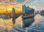 Elbphilharmonie bei Sonnenuntergang, Ölgemälde auf Leinwand, 30x40cm