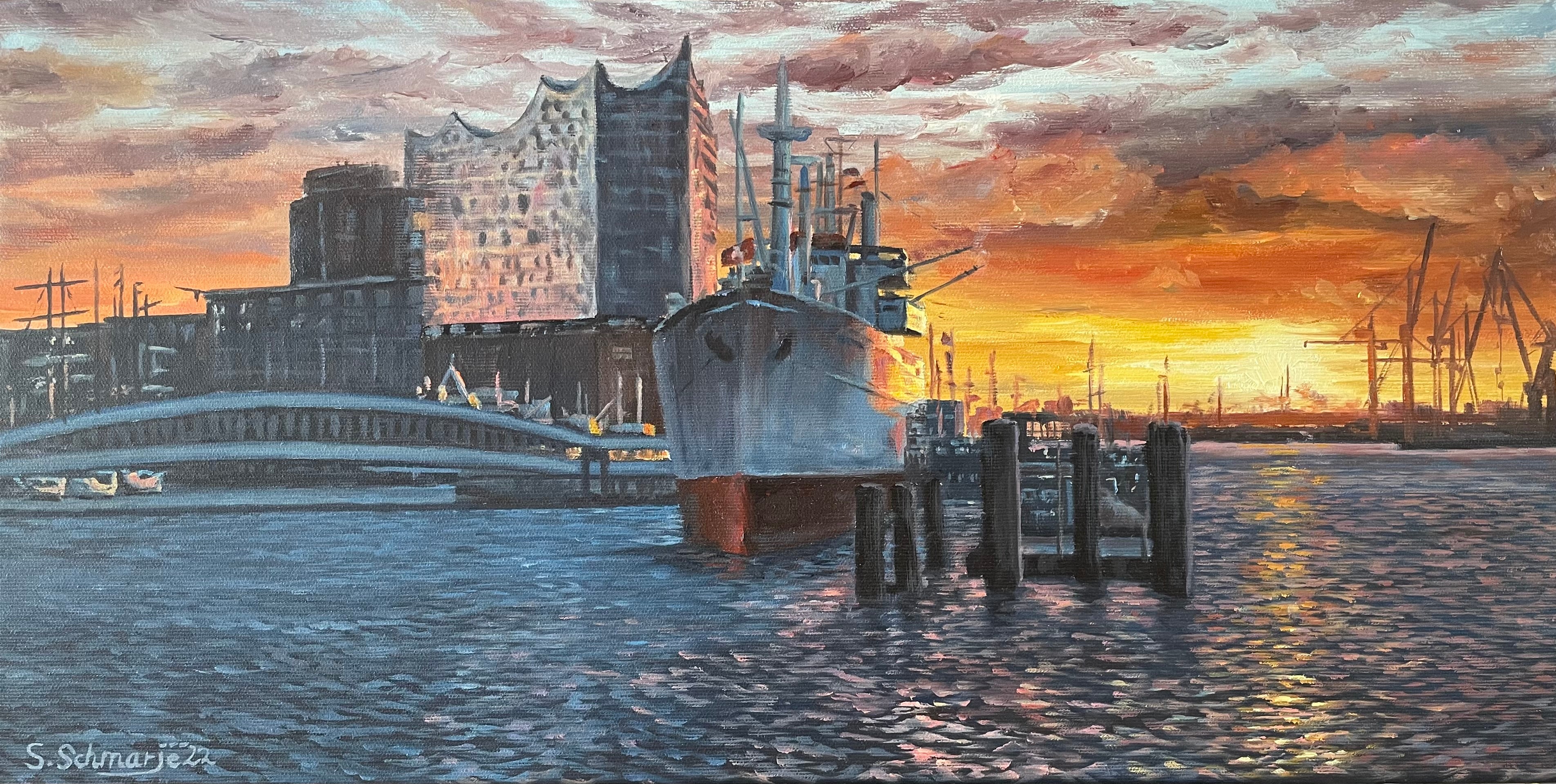 Cap San Diego vor Elbphilharmonie, Ölgemälde auf Leinwand, 30x60cm