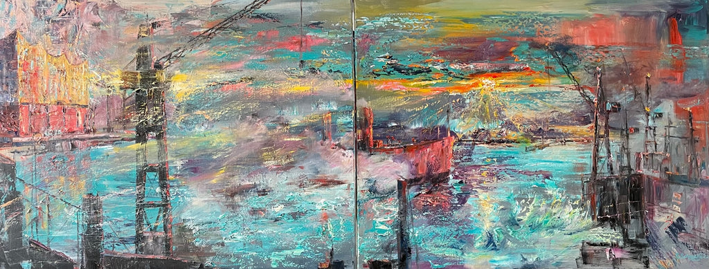 Expression Hamburg, 2-teiliges Ölgemälde, je 70 cm x 90 cm