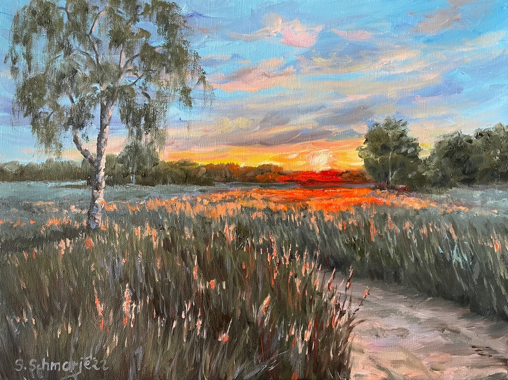 Feldweg im Sonnenuntergang, Ölgemälde auf Leinwand, 30x40cm