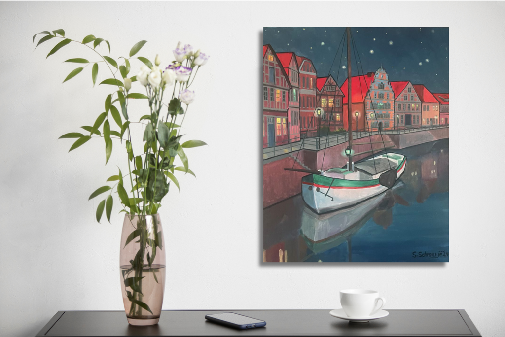 Fischmarkt Stade bei Nacht, Ölgemälde 50 x40 cm