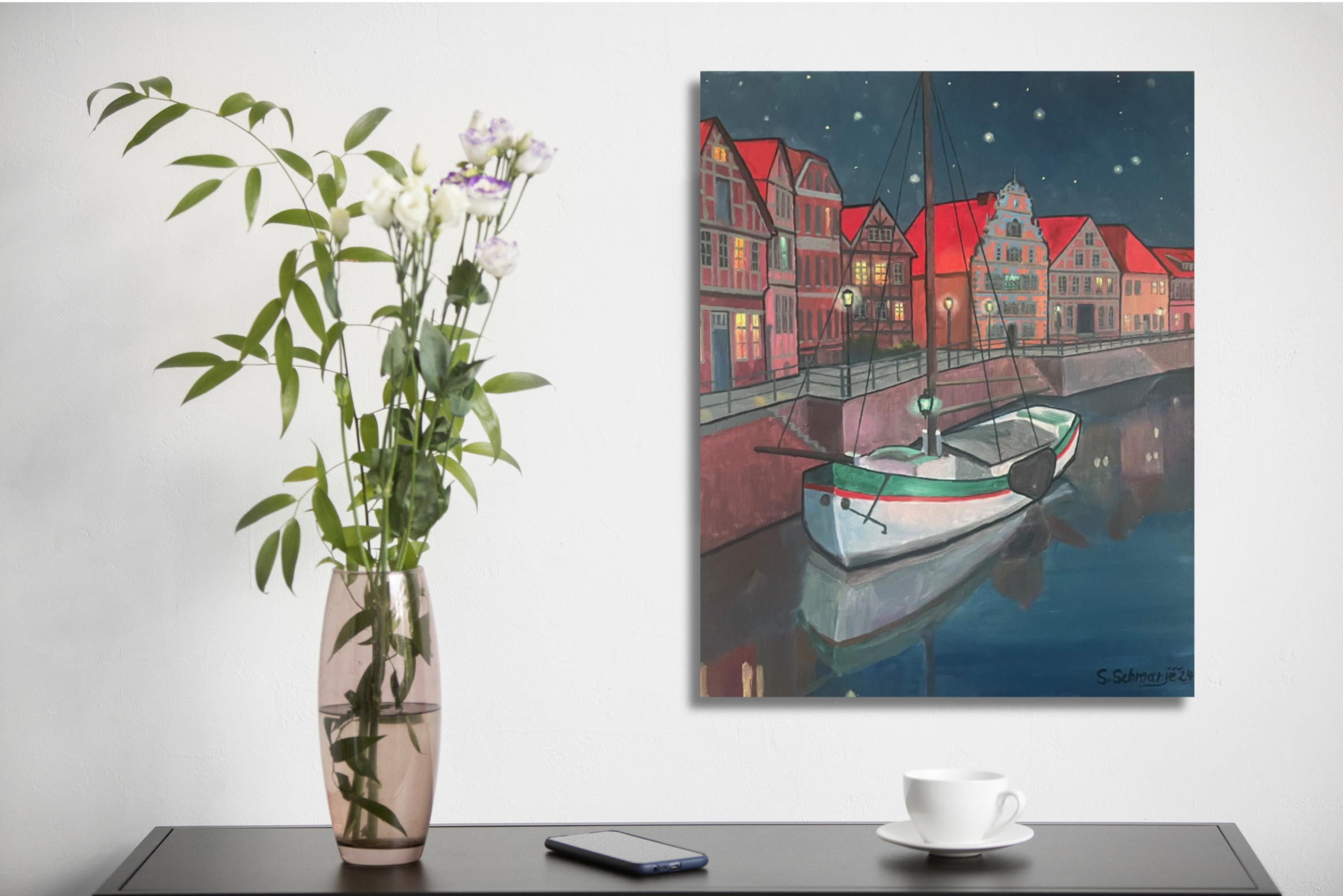 Fischmarkt Stade bei Nacht, Ölgemälde 50 x40 cm