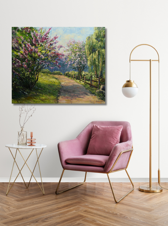 Fliederbusch am Wegesrand, Ölgemälde auf Leinwand 80x100cm