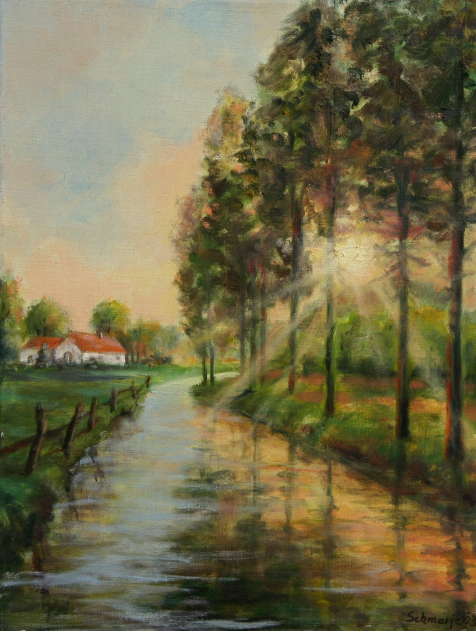Flusslauf im Gegenlicht, Ölgemälde auf Leinwand, 40x30cm