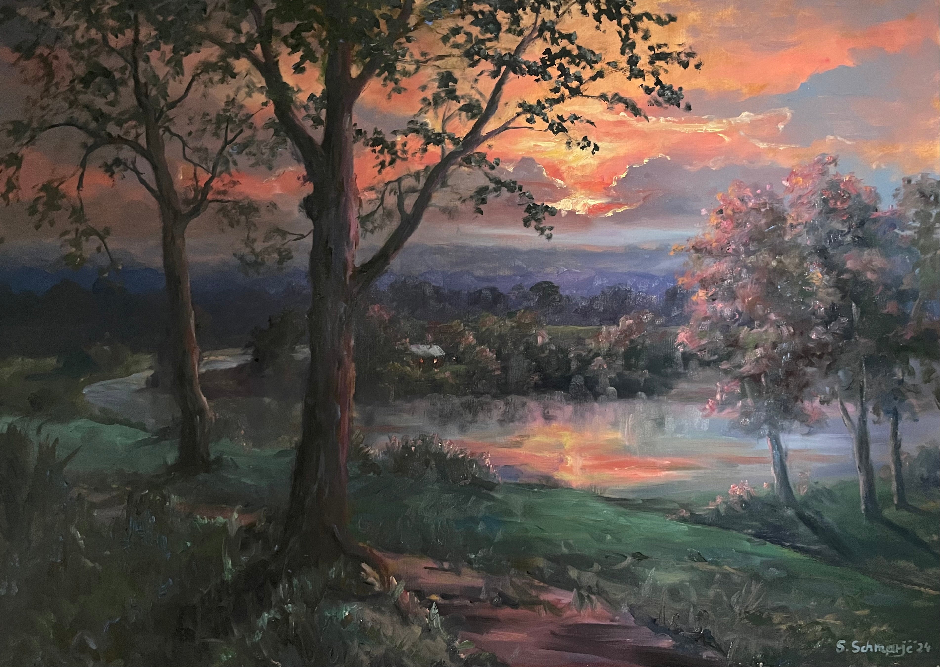 Flusslandschaft im Sonnenuntergang, Ölgemälde auf Leinwand, 70x100cm