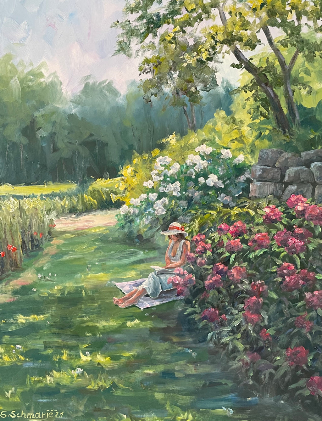 Frau lesend zwischen Rhododenronbüschen, Ölgemälde auf Leinwand 90x70cm