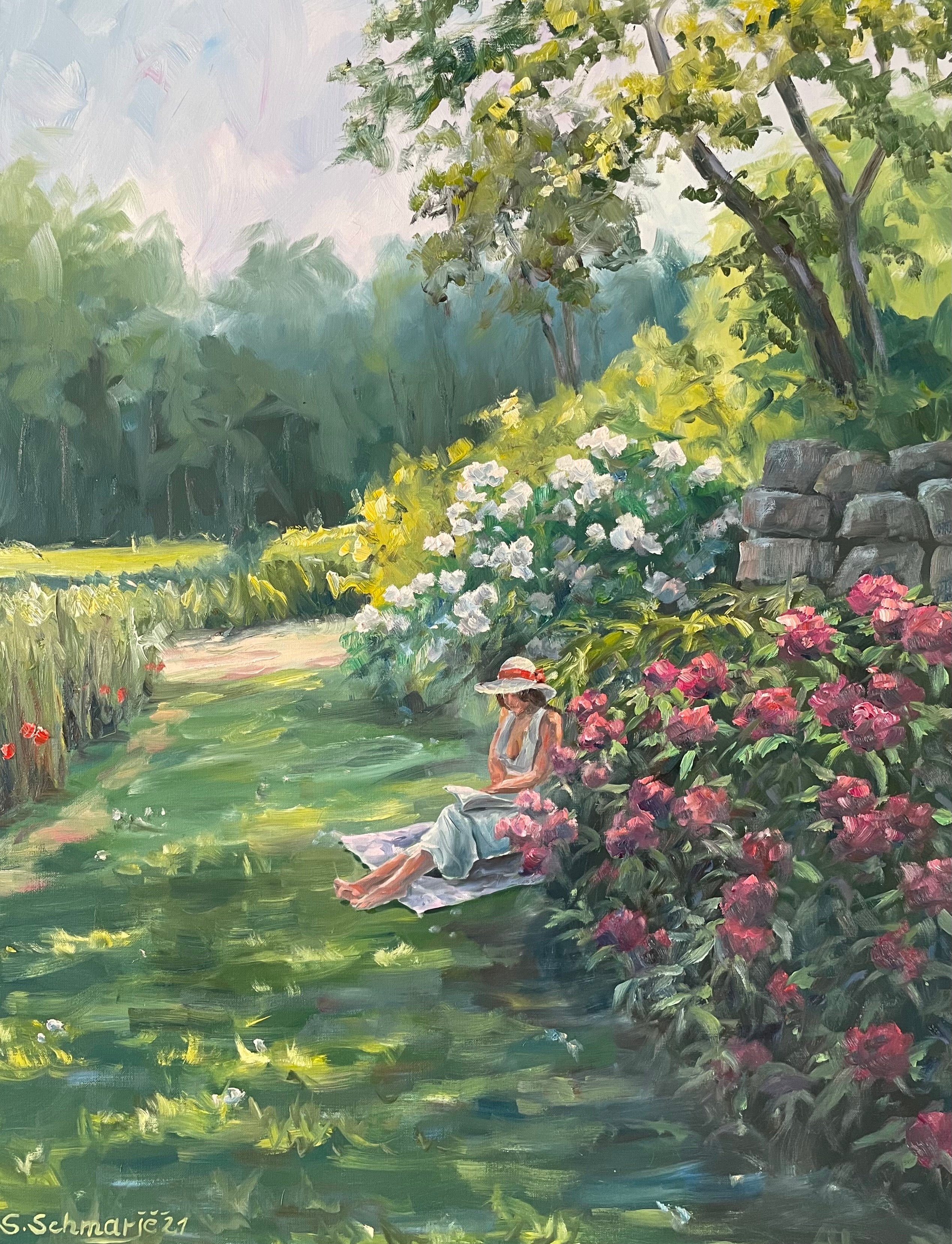 Frau lesend zwischen Rhododenronbüschen, Ölgemälde auf Leinwand 90x70cm