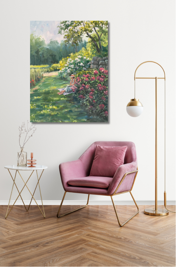 Frau lesend zwischen Rhododenronbüschen, Ölgemälde auf Leinwand 90x70cm