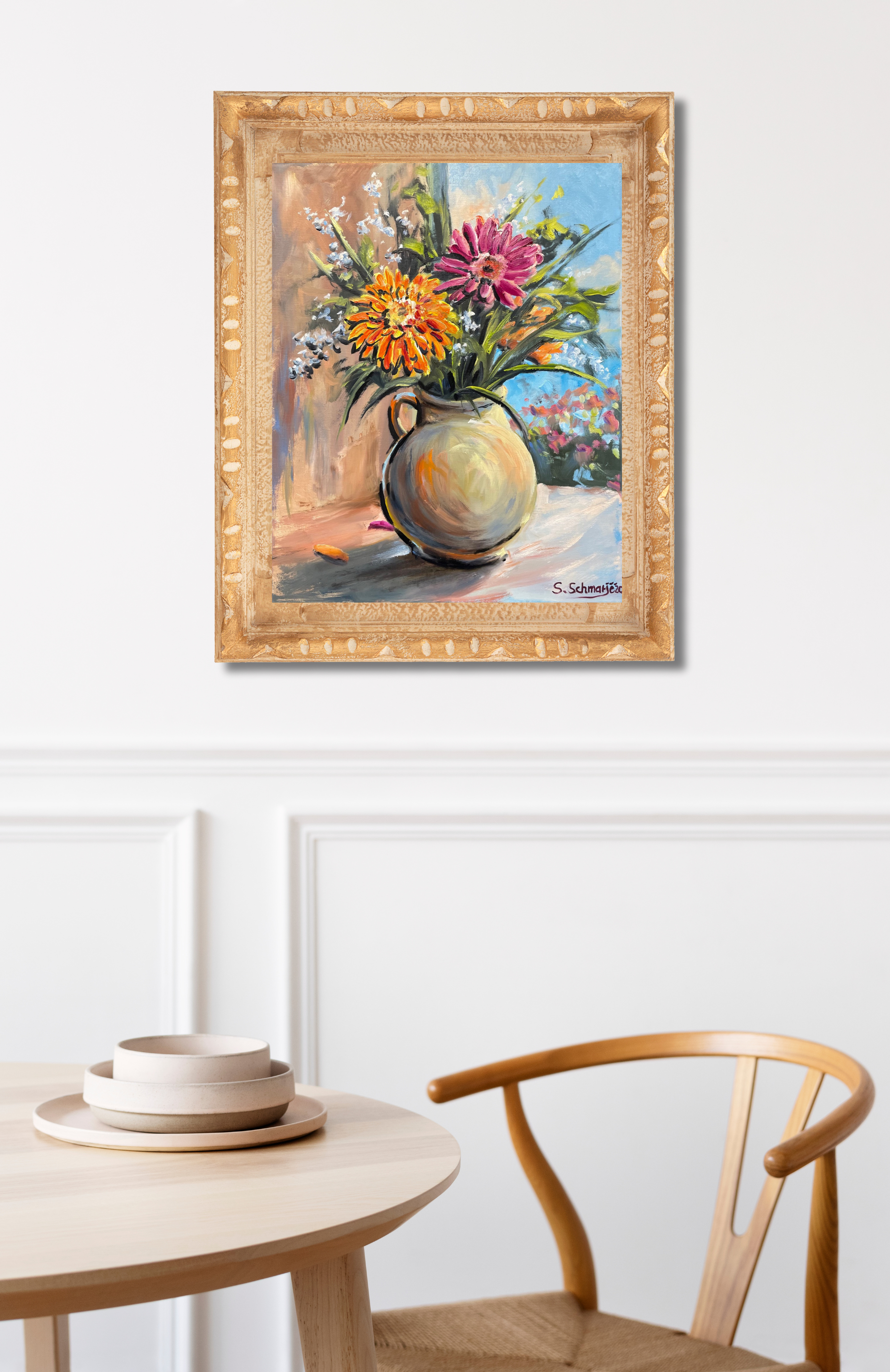 Blumenstrauß mit Gerbera in Vase, Ölgemälde auf Leinwand, 50x40cm