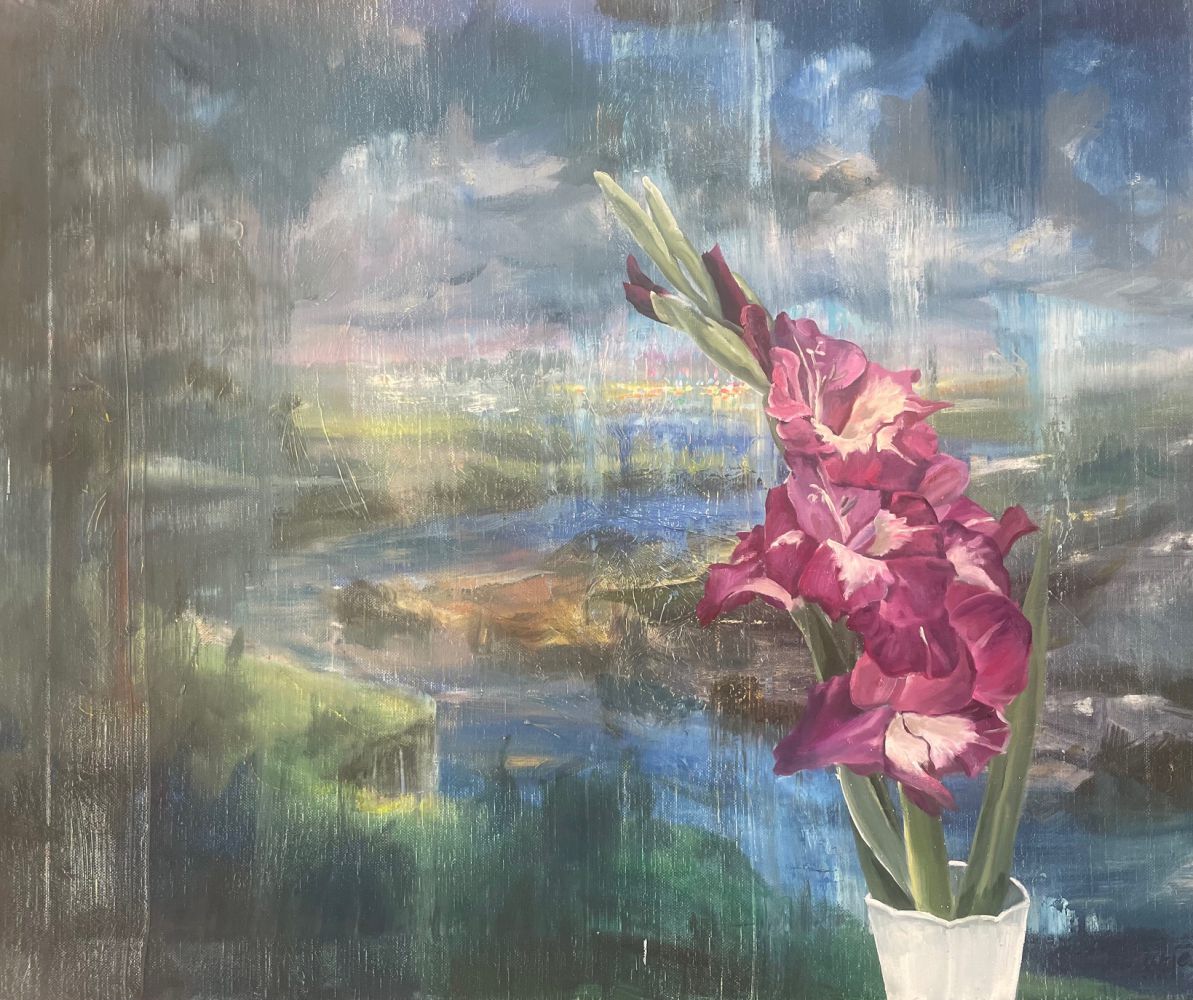 Gladiole vor Landschaft, Ölgemälde 50 x 60 cm