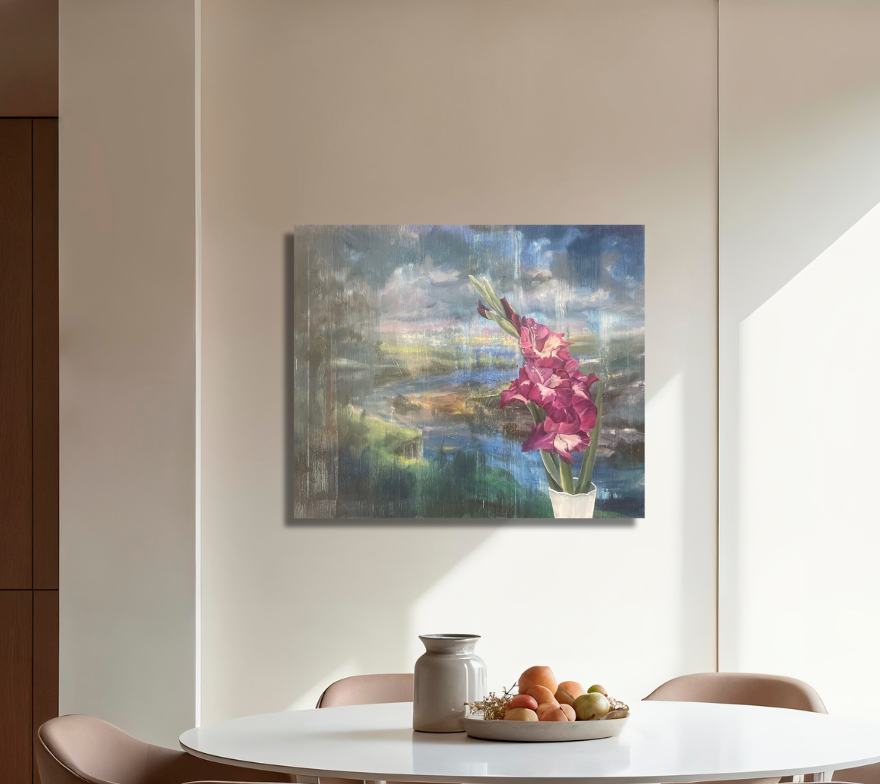 Gladiole vor Landschaft, Ölgemälde 50 x 60 cm