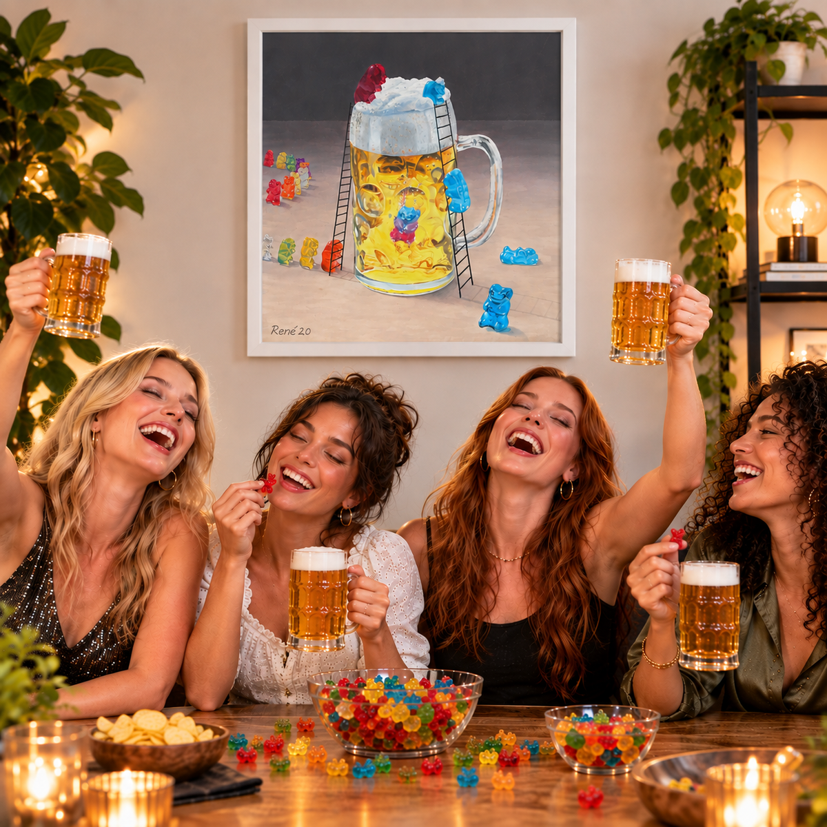 Gummibärchen im Bierglas, Ölgemälde 60 x 60 cm