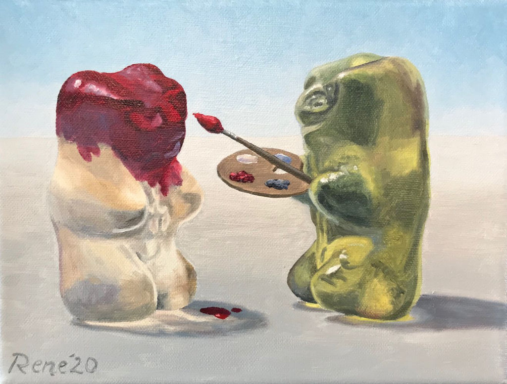Gummibärchen bekommt Farbe, Ölgemälde 18 x 24 cm