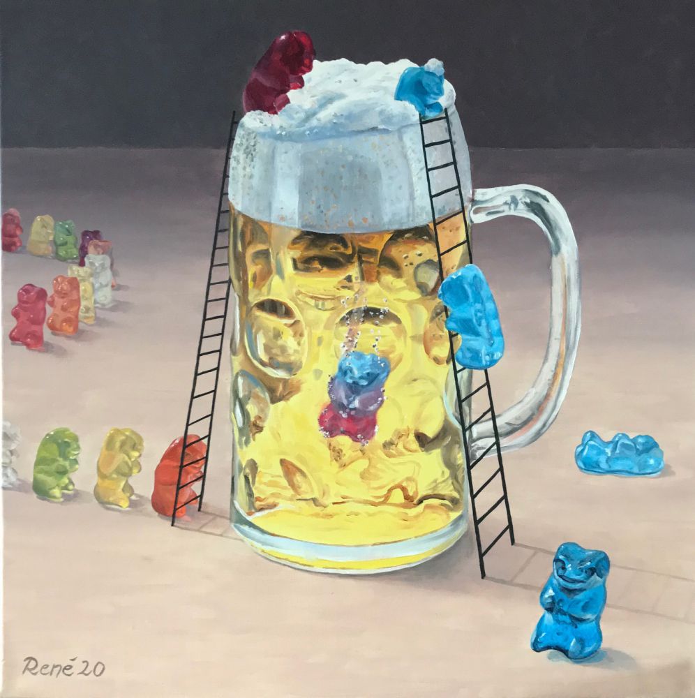 Gummibärchen im Bierglas, Ölgemälde 60 x 60 cm