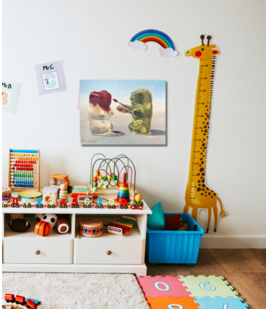 Gummibärchen bekommt Farbe, Ölgemälde 18 x 24 cm