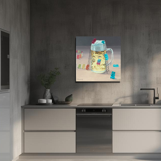 Gummibärchen im Bierglas, Ölgemälde 60 x 60 cm