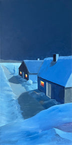 Häuser im Schnee, Ölgemälde auf Leinwand, 80x40cm