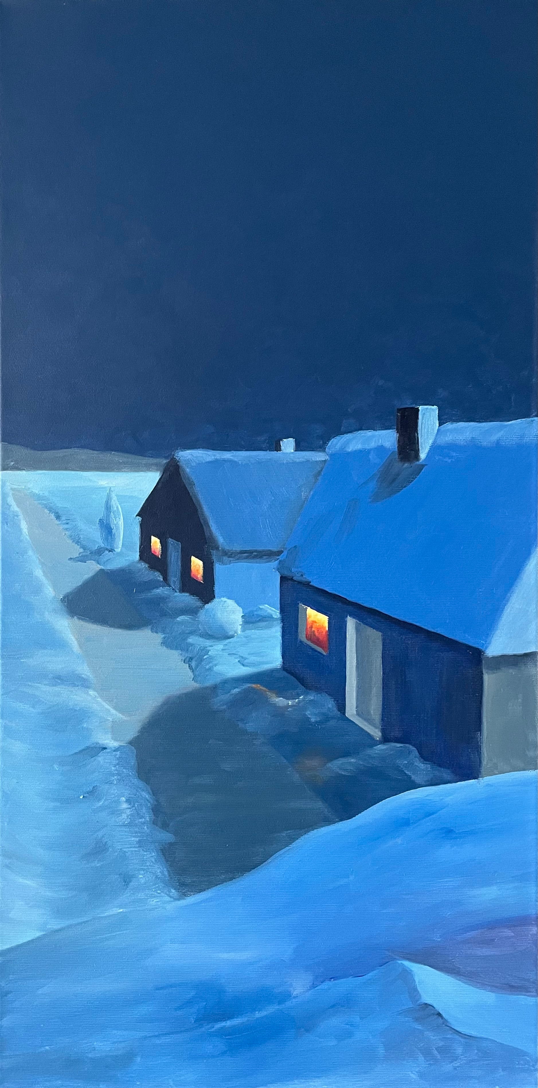 Häuser im Schnee, Ölgemälde auf Leinwand, 80x40cm